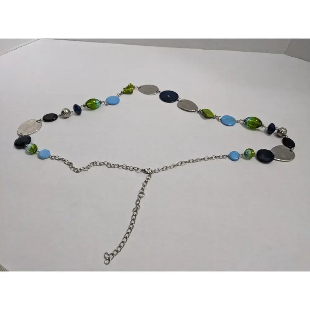 Beaded Necklace flat Oval Disk Boho Ethnic Gemstone‎ Rock Silver Chain VTG Style